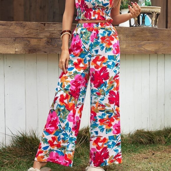 Multicolor Preppy Womens Floral Print Top & Wide Leg Pants - Picture 4 of 5